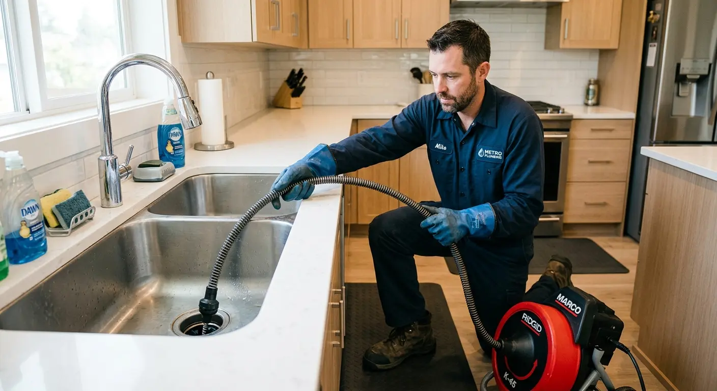 Drain cleaning technician using a motorized snake on a kitchen sink in Santa Maria