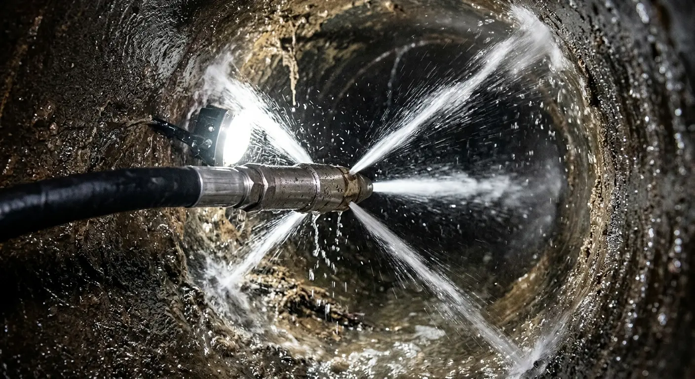 High-pressure hydro jetting nozzle cleaning sewer pipe for Sewer Cleanout in Santa Maria