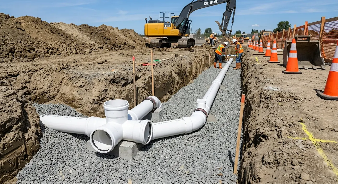 New PVC sewer pipe installation in open trench for Sewer Backup in Santa Maria