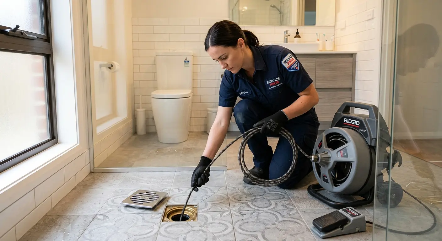 Technician clearing a bathroom floor drain for Drain Cleaning in Santa Maria